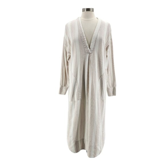 Free People Womens Medium Dress Midi Tunic V-Neck Striped Ivory Boho Hippie - Picture 1 of 14